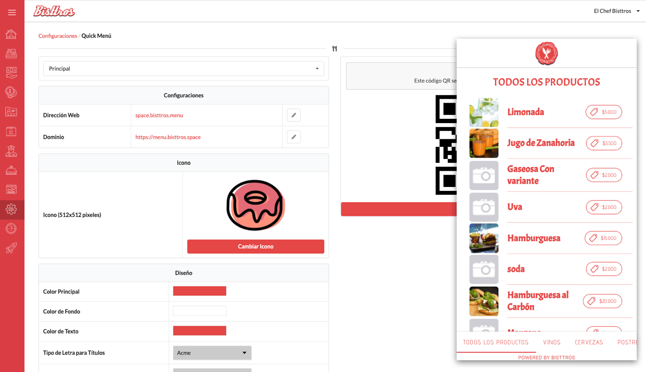 Menú digital para restaurante, bar, cafeteria con código QR